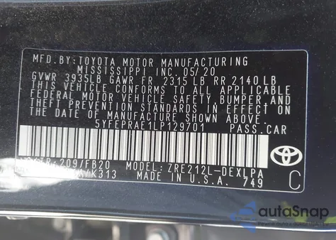 2020 Toyota Corolla Le из США, поврежденный, VIN 5YFEPRAE1LP129701